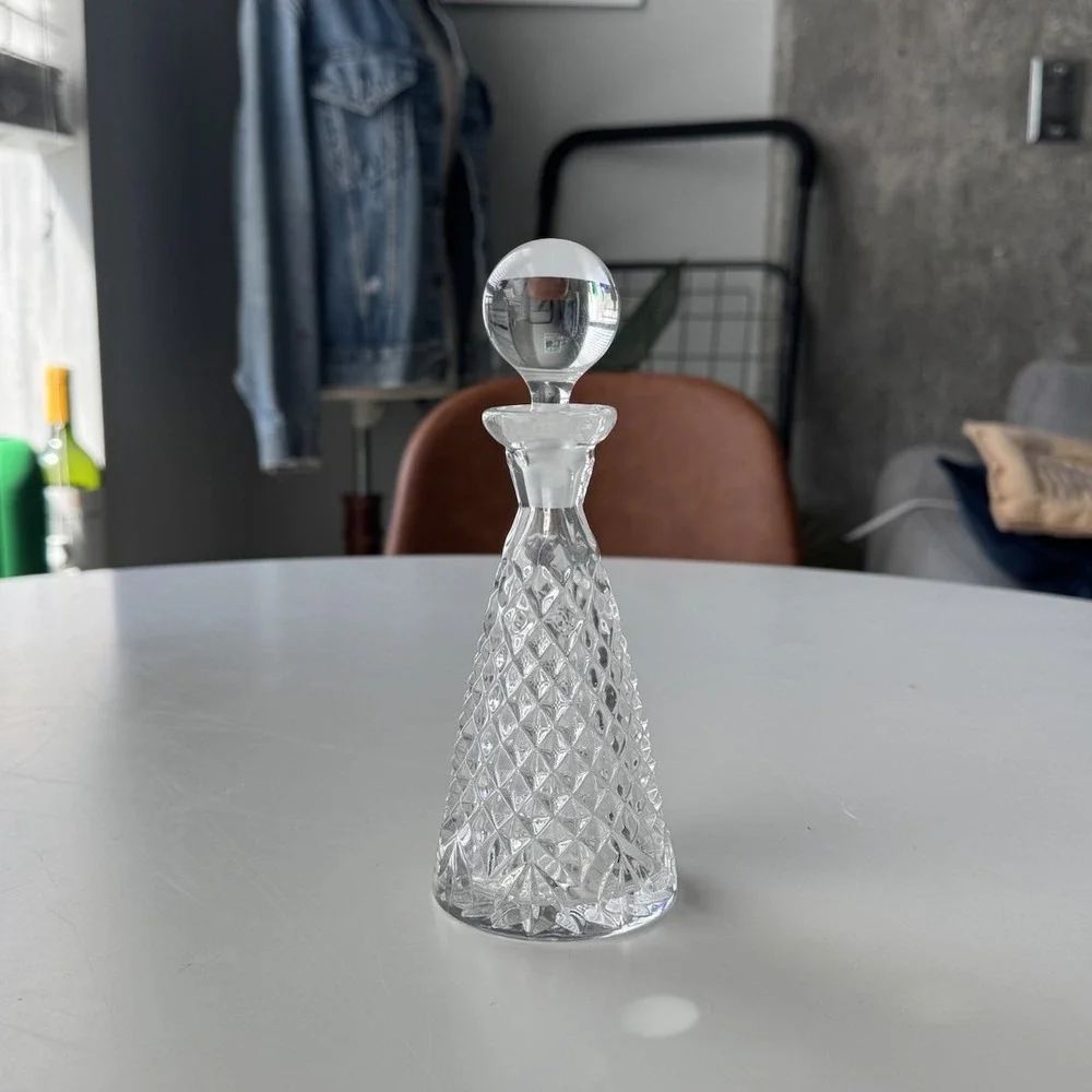 Vintage Clear Glass Mini Decanter Diamond Pattern Ball Stopper 6.5
